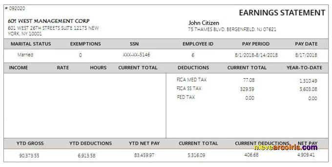 USA 601 WEST management corporation payslip
